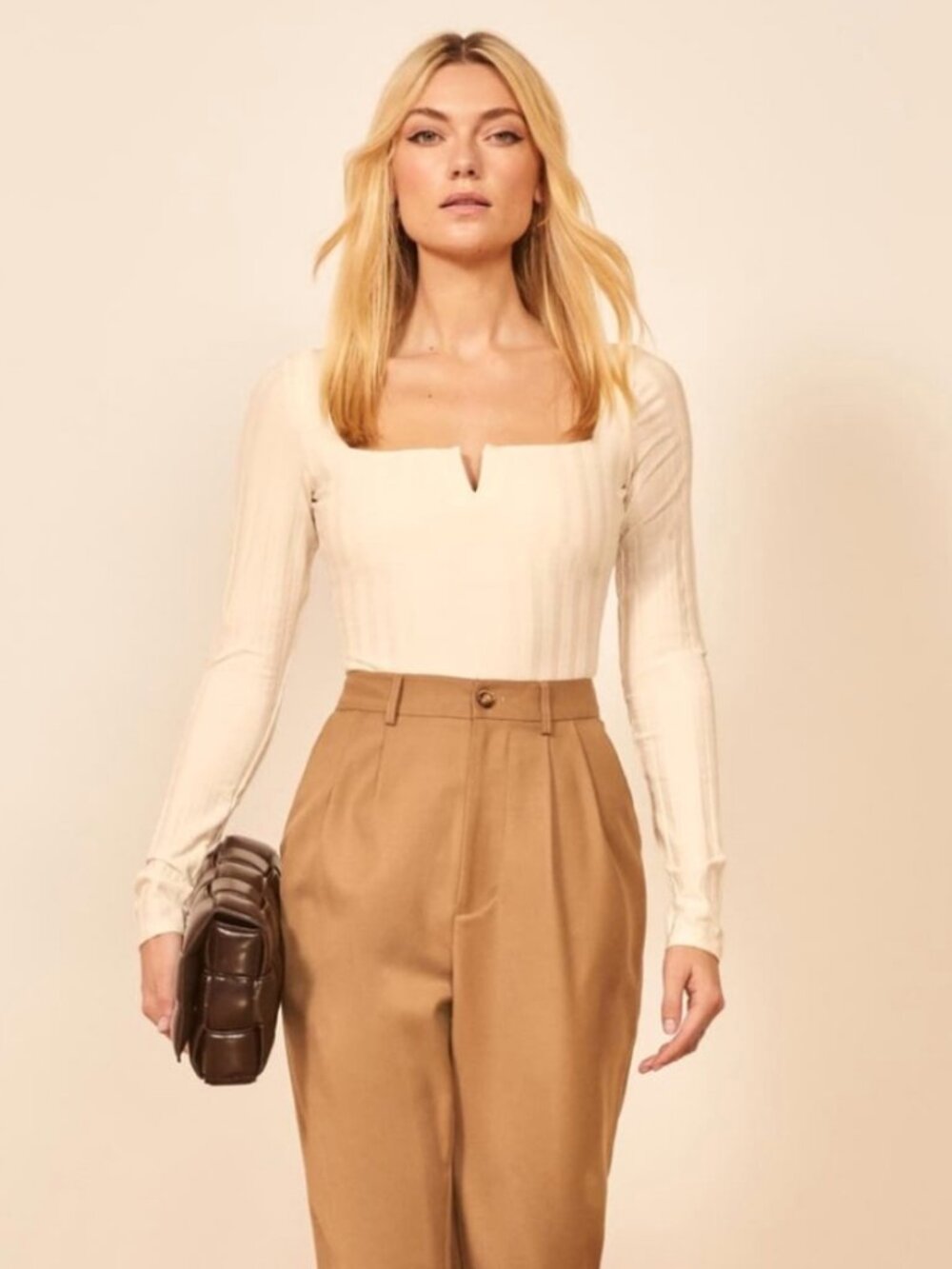 Reformation Delancey Top Cream Long Sleeve Ribbed Square Size Large - Picture 2 of 9